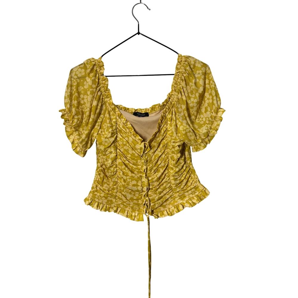 Willow Women's Yellow Floral Ruched Mesh Crop Top Sz M Milkmaid Cottage Boho